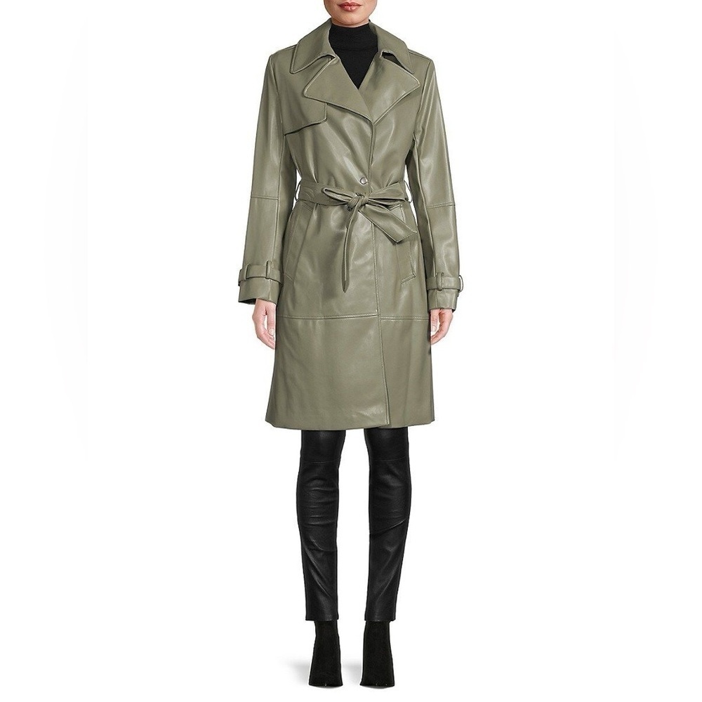 Elie Tahari Sage Green Vegan Leather Belted Trench Coat Large - Picture 4 of 10